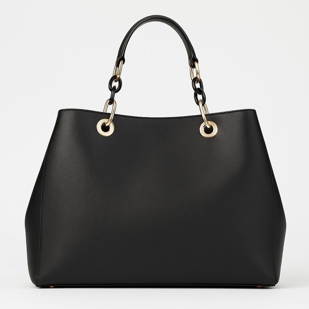 Elegant Black Faux Leather Tote with Gold Chain Handles – Chic Shoulder Bag
